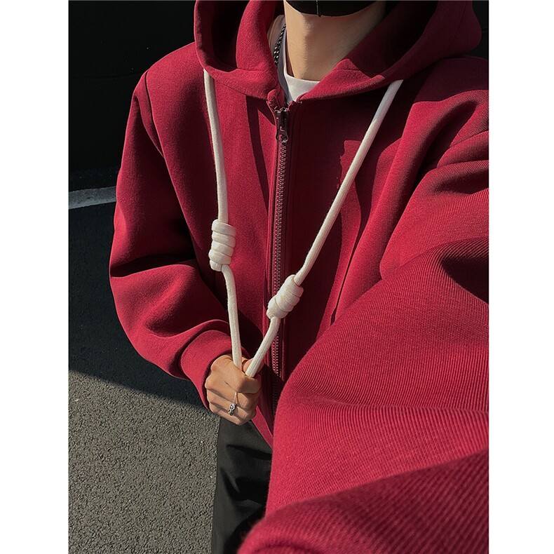 重磅500克手工编绳纯色连帽开衫卫衣cleanfin外套男H1053特P80,男装卫衣,电商A341