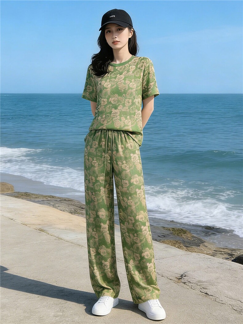 韩版时尚潮流套装女夏季新款个性简约圆领印花上衣阔腿长裤两件套,女装套装/套裙,江南