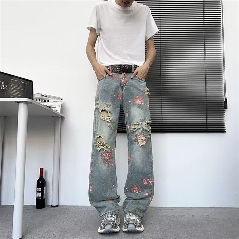 美式高街花卉破洞牛仔裤男款夏季高级感显瘦裤子玫瑰满印直筒长裤,男装牛仔裤,星座813-2