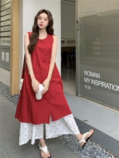 红色无袖衬衫叠穿连衣裙女夏波点阔腿裤两件套装裙巨好看超火爆款，女装套装/套裙，蝶眷