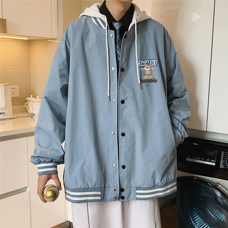秋季韩版新款假两件连帽男港风夹克外套G621 P65控78图片