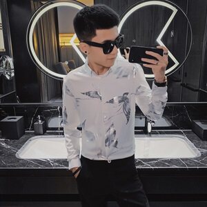 秋季长袖衬衫社会小伙蝴蝶印花发型师个性潮男衬衣C301B-CS36图片