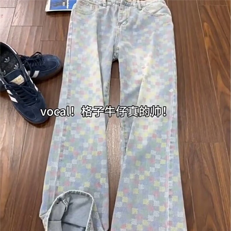 7015-P46春夏新款彩色棋盘格高街美式复古宽松显瘦阔腿牛仔裤,男装牛仔裤,电商B323A