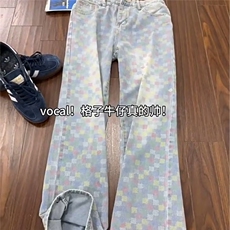 7015-P46春夏新款彩色棋盘格高街美式复古宽松显瘦阔腿牛仔裤，男装牛仔裤，电商B323A
