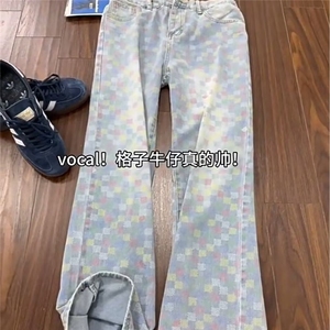 7015-P46 春夏新款彩色棋盘格高街美式复古宽松显瘦阔腿牛仔裤图片