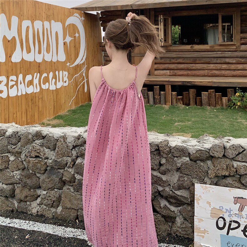 亮片流苏拼接玫红色吊带连衣裙女夏2025新款多巴胺绝美洋气长裙子,女装连衣裙,2C216