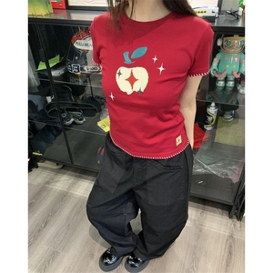 H0611-P35刺绣+毛巾绣包边拉肩短袖T恤女图片