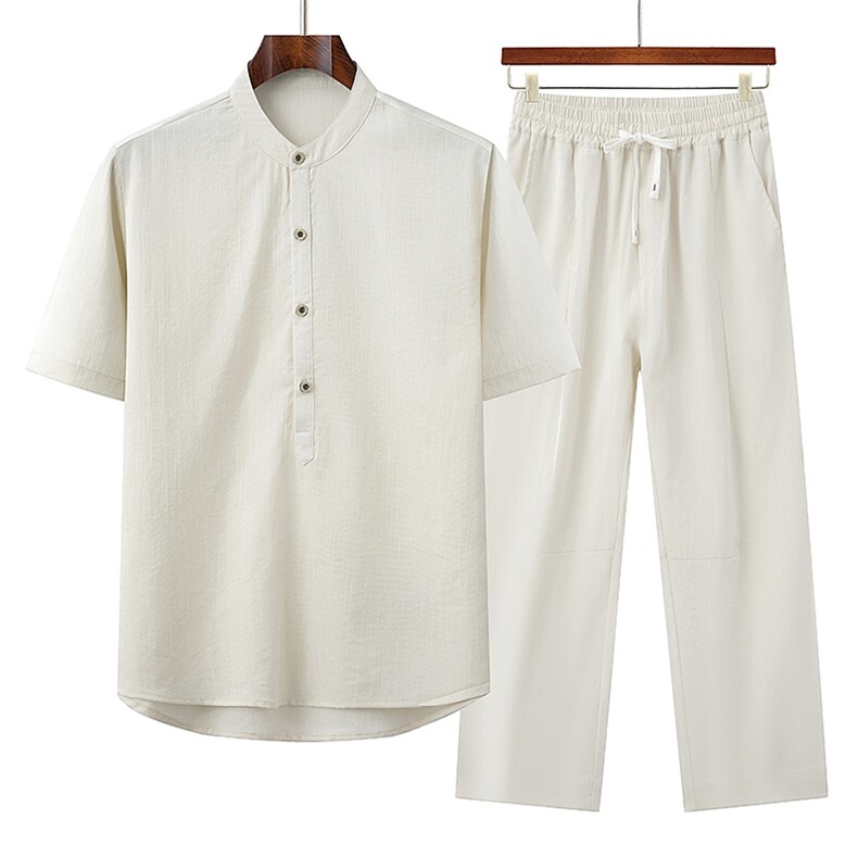 夏季复古唐装薄款风潮男冰丝麻短袖复古立领套装HO6937-P85，男装休闲套装，星座1105-3