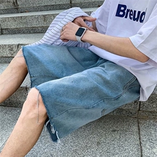 夏季港风复古牛仔短裤男薄款毛边宽松百搭休闲直筒五分裤，男装牛仔裤，星座410-7