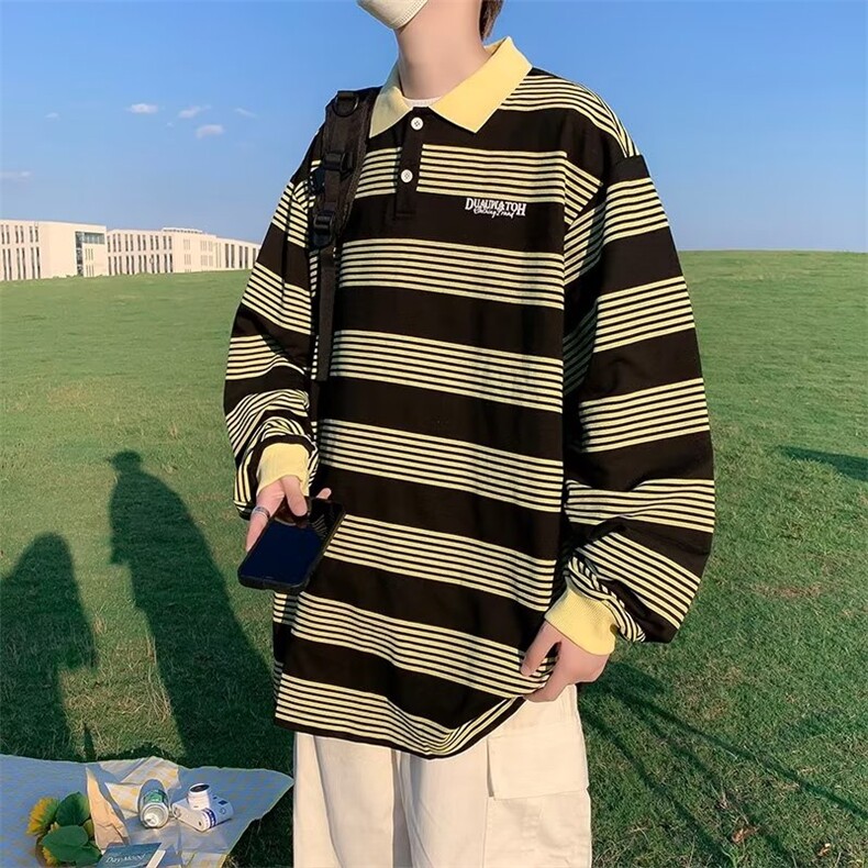 2023秋日系复古拼色条纹长袖POLO衫男潮牌宽松情侣卫衣W3330-P35,男装Polo衫,星座412-3