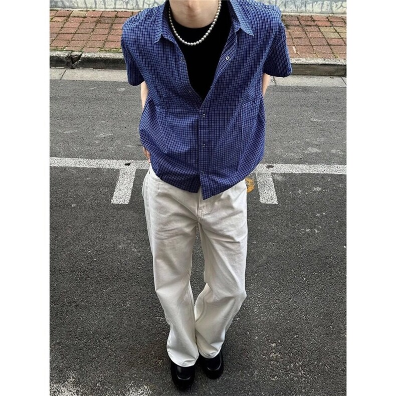 皇家蓝抽绳束腰格子短袖衬衫男女夏季cleanfit薄款格纹衬衣外套男,男装T恤,星座601-1