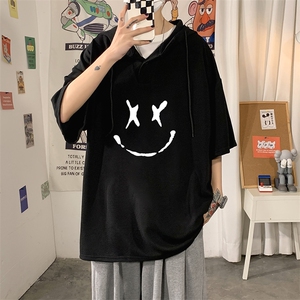 LD54190-P45 连帽短袖t恤男大码胖子带帽五分袖中袖图片