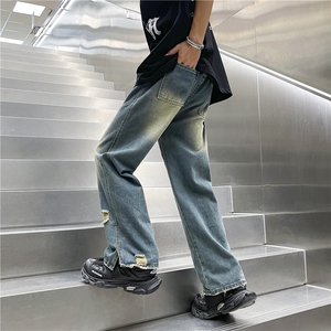 美式高街vibe潮牌九分破洞牛仔裤男春夏款宽松复古裤子N090-P48图片