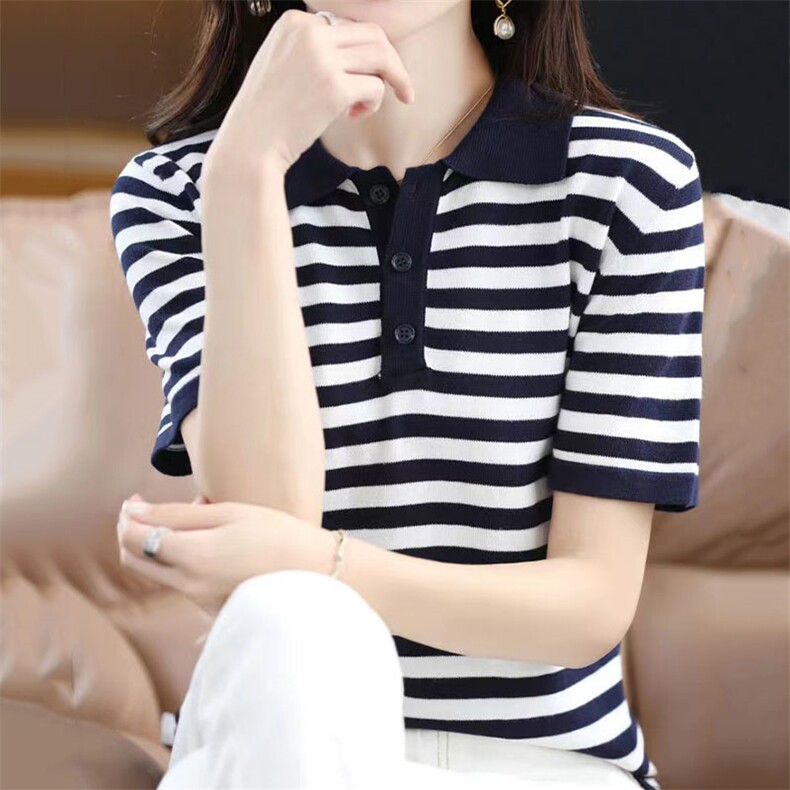 条纹撞色POLO领针织短袖女夏装薄款棉线T恤2025新款百搭宽松半袖,针织衫/毛衣,萱芳婷羊绒