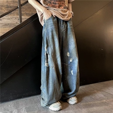 反穿大阔腿牛仔裤男士韩版潮流高街帅2024夏季ins长裤RK1747-P65，男装牛仔裤，星座412-2