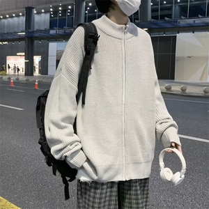 日系灰色开衫毛衣男高街宽松休闲潮流百搭半高领针织衫外套M940图片