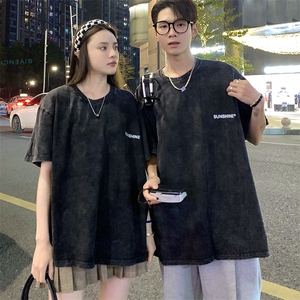 220克水洗做旧短袖T恤棉M-3XL情侣男女V1宽松圆领半袖潮团队图片