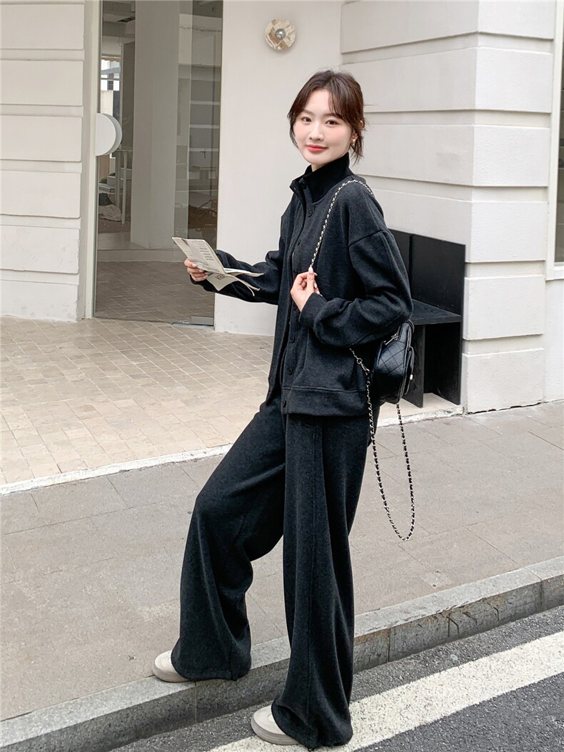 灰色松弛感加绒加厚立领卫衣两件套女2025冬季新款学院风显瘦卫裤,女装套装/套裙,艾米莉亚