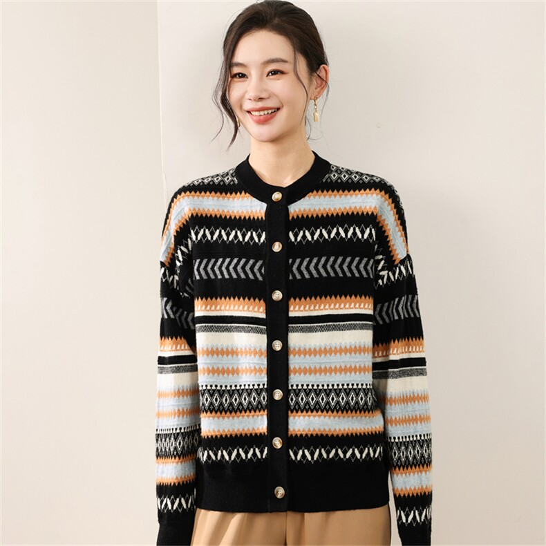 2025年秋季长袖圆领费尔岛风复古开衫休闲/淑女，女装羊毛衫，慕洵羊绒