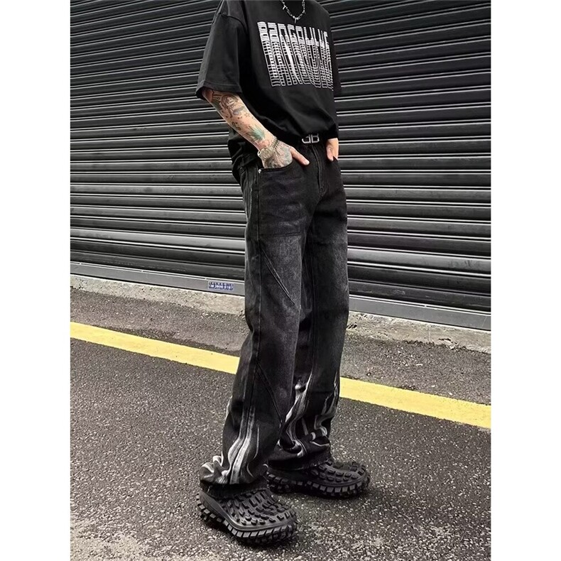 美式裤子高街扎染黑色渐变牛仔裤男款宽松显瘦直筒设计感小众长裤,男装牛仔裤,星座506A