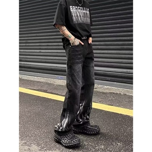 美式裤子高街扎染黑色渐变牛仔裤男款宽松显瘦直筒设计感小众长裤图片