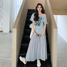 时尚拼接韩版斜肩t裙2C323-1151-130-168，女装套装/套裙，2C323