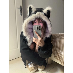 现货重磅硬挺boxy羽绒棉衣座山雕猫耳大毛毛领麂皮棉服冬外套图片