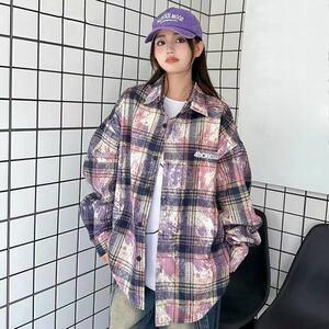 春秋季新品男女情侣重磅扎染工艺格子衬衫长袖宽松休闲复古百搭图片