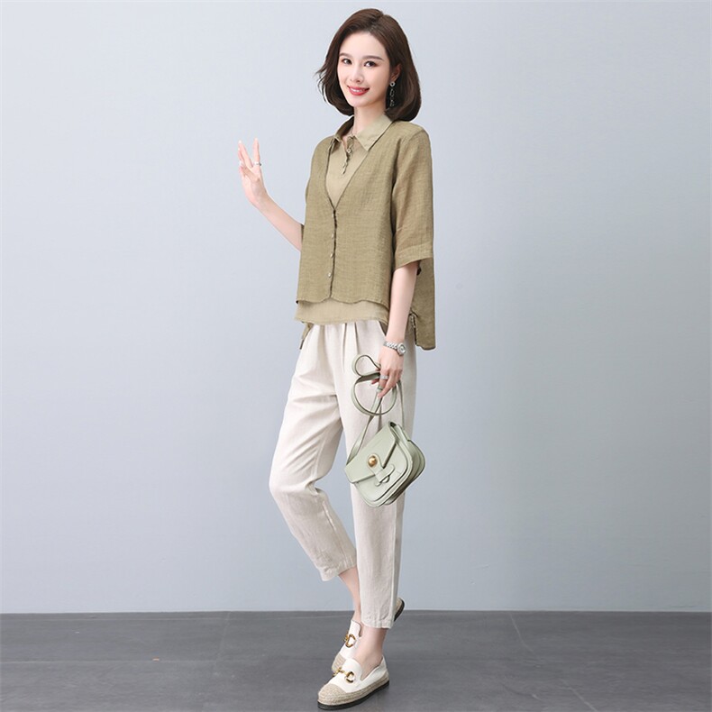 时尚休闲棉麻套装女2025夏季新款中年妈妈苎麻衬衫减龄亚麻两件套,女装套装/套裙,忆绮罗