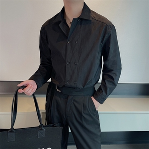 新款高级感简约条纹衬衫男韩版潮流双排扣衬衣长袖 CS772-P65控85图片