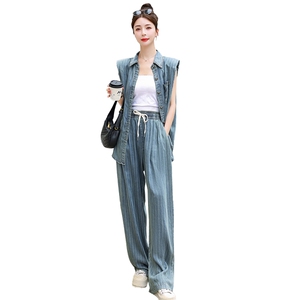 复古港风牛仔套装女夏季时尚无袖垫肩衬衫薄款天丝阔腿长裤两件套图片