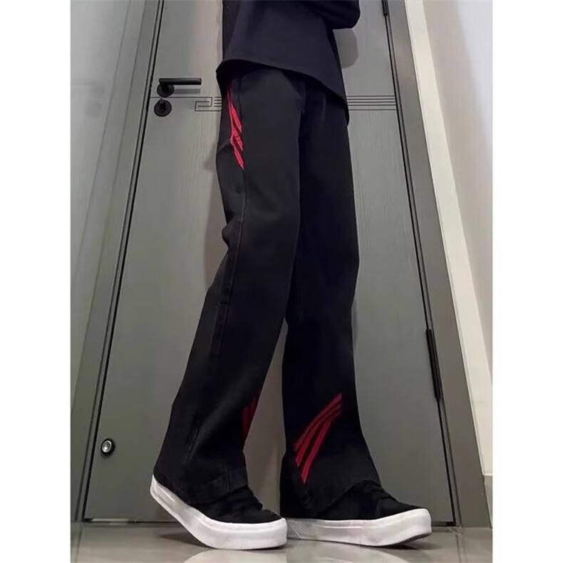 斜杠三条纹撞色拼接男休闲裤子美式牛仔微喇直筒裤NZ130-P40,男装休闲裤,星座308B-2