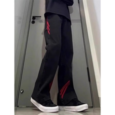斜杠三条纹撞色拼接男休闲裤子美式牛仔微喇直筒裤NZ130-P40，男装休闲裤，星座308B-2