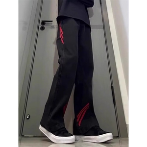 斜杠三条纹撞色拼接男休闲裤子美式牛仔微喇直筒裤NZ130-P40图片