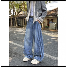 美式刺绣阔腿牛仔裤高街弯刀裤宽松拖地长裤FA707-P60，男装牛仔裤，星座1001-1