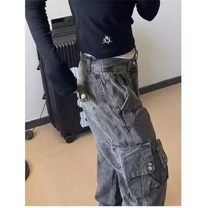 高质量美式复古工装牛仔裤大码女装2024新款宽松休闲阔腿拖地裤图片
