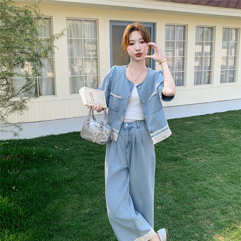 蓝色蕾丝拼接牛仔套装裙女夏季2025新款气质休闲上衣阔腿裤两件套,女装套装/套裙,2C159