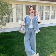 蓝色蕾丝拼接牛仔套装裙女夏季2025新款气质休闲上衣阔腿裤两件套，女装套装/套裙，2C159