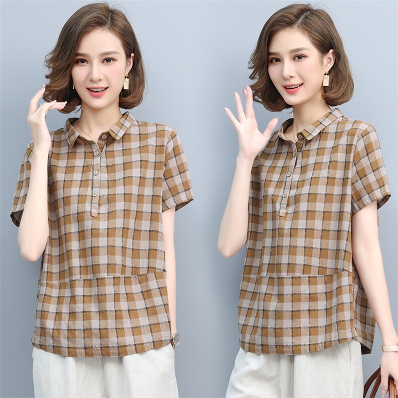短袖格子衬衫女夏2021新款韩版宽松显瘦拼接套头百搭衬衣女上衣棉,女装衬衫,璐依舞