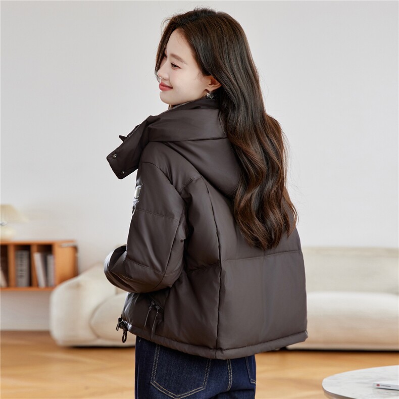 现货！免洗PU皮羽绒服女2025冬季新款小个子时尚格子拼接外套,女装羽绒服,沐七七