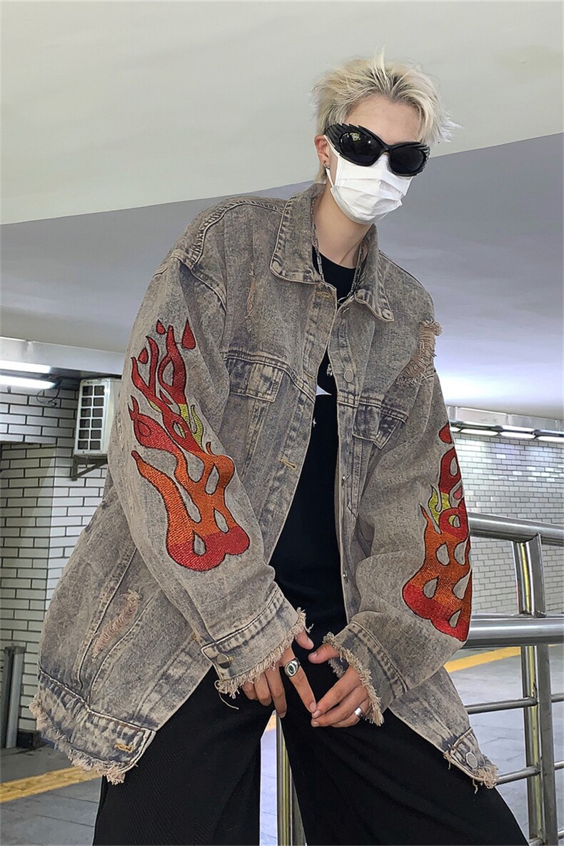 美式复古水洗破坏毛边火焰刺绣牛仔外套潮男女款秋季新款宽松夹克,男装夹克,星座505-2（原电商A260-1)