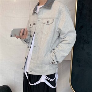 703-J 秋季男弹力牛仔拼接毛边夹克外套图片