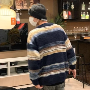 秋冬季拼色开衫毛衣美式复古情侣男针织衫潮牌ins宽松慵懒风外套图片