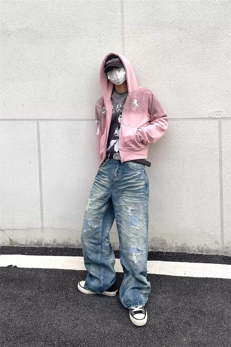 美式高街补丁脏染水洗做旧破洞牛仔裤男宽松弯刀阔腿潮牌痞帅裤子,男装牛仔裤,星座302B-2