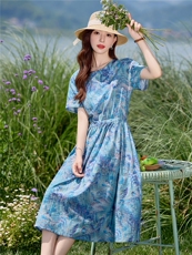 时尚碎花棉麻短袖连衣裙女夏2026新款收腰显瘦度假风休闲气质裙子，女装连衣裙，倪叶myz
