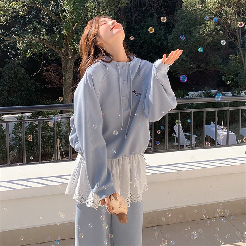 现货--蕾丝边拼接蓝色卫衣运动套装女春秋2025新款两件套,女装套装/套裙,浙宝203