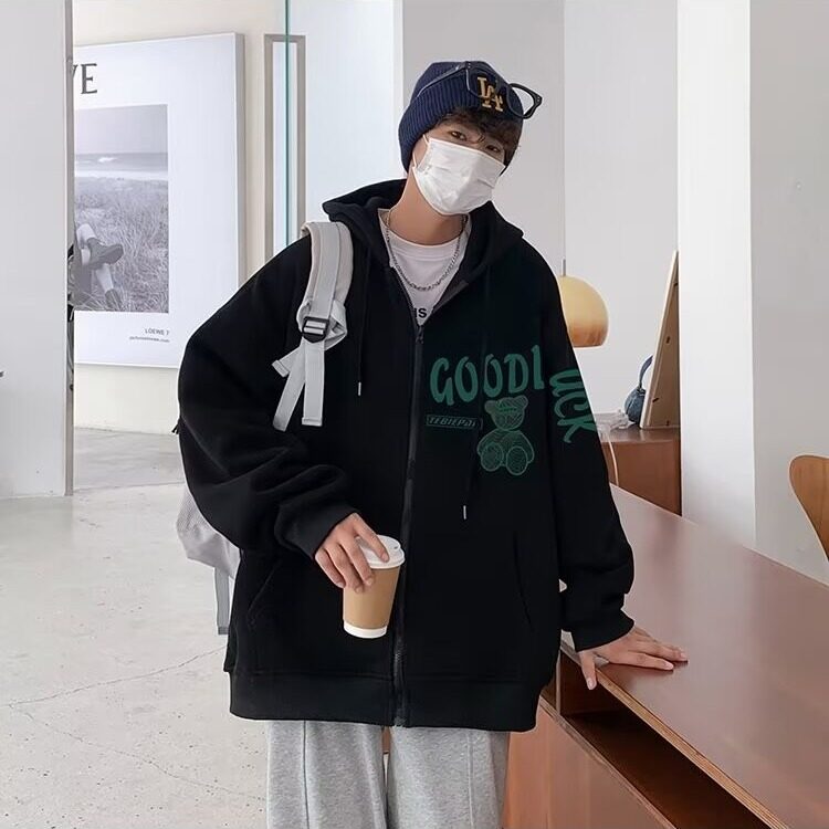 港风潮小熊拉链开衫卫衣男春秋季复古宽松休闲连帽外套,女装短外套,星座218-1（原230）