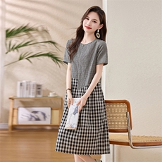 复古格子拼接棉麻连衣裙女2025夏季新款宽松显瘦气质休闲A字裙子，女装连衣裙，姿衣坊