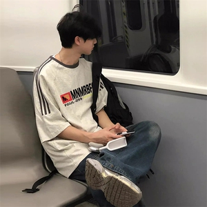 夏季美式高街重磅纯棉三条杠织带撞色男女短袖T恤ZD571-特P30图片