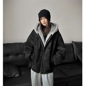 座山雕连帽PU皮棉衣男冬季潮牌加绒加厚cleanfit宽松廓形棉服外套图片